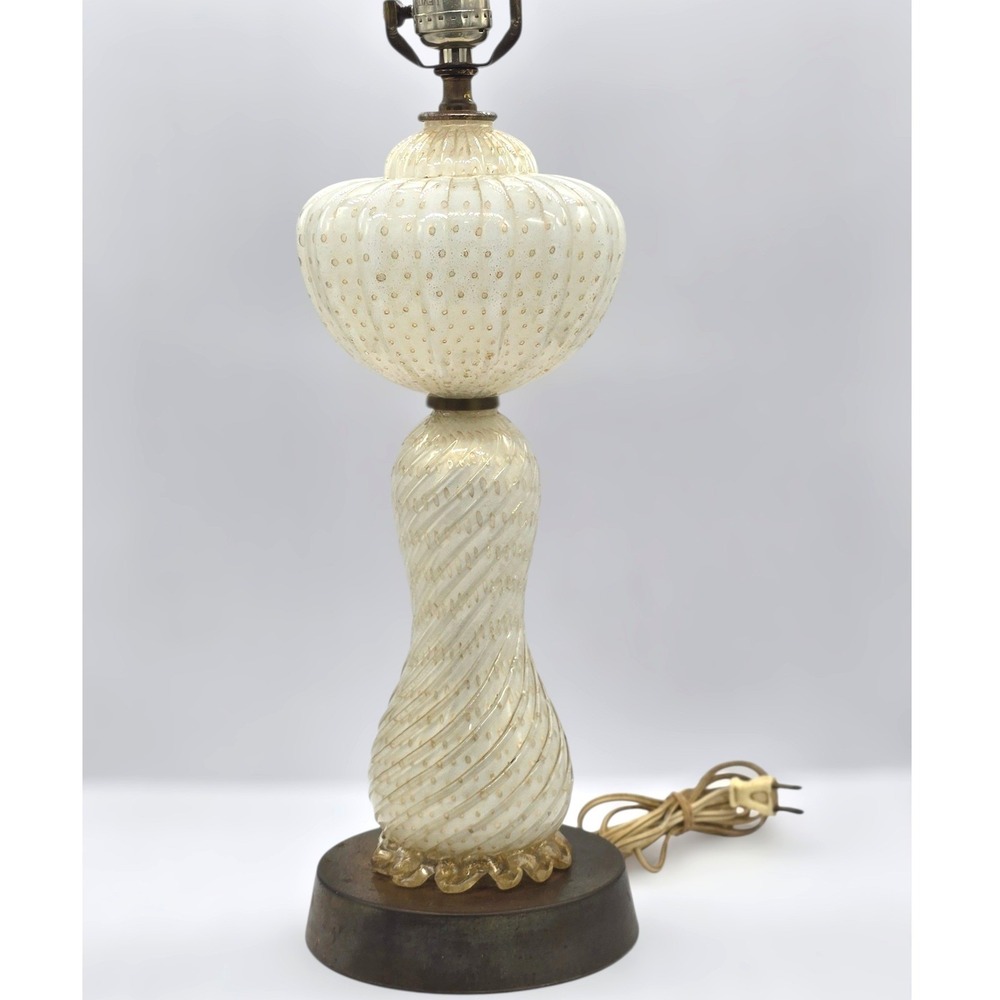 Mid-Century Murano Glass Table Lamp Gold Aventurine Bullicante‎ White Art Glass